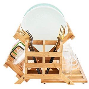 Collapsible Bamboo Dish Drying Rack, 3-Tier, Utensil Holder