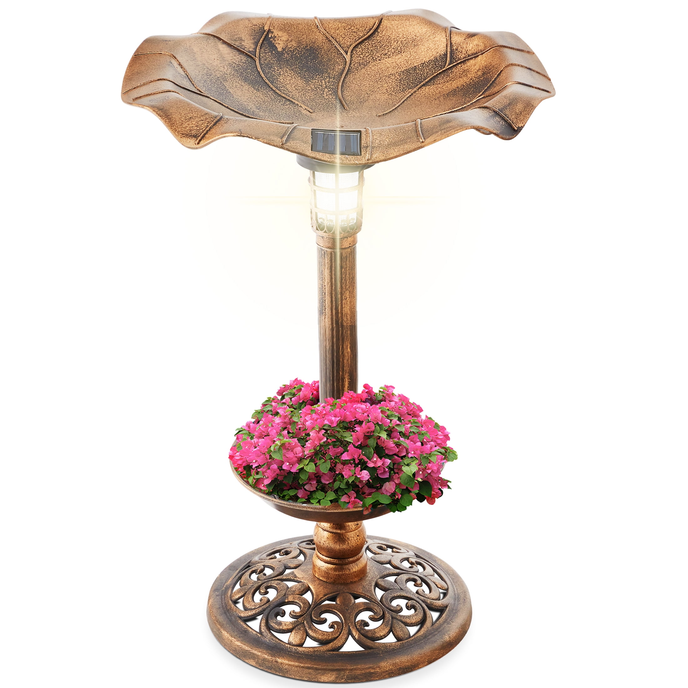 Solar Lighted Bird Bath with Planter - Bronze