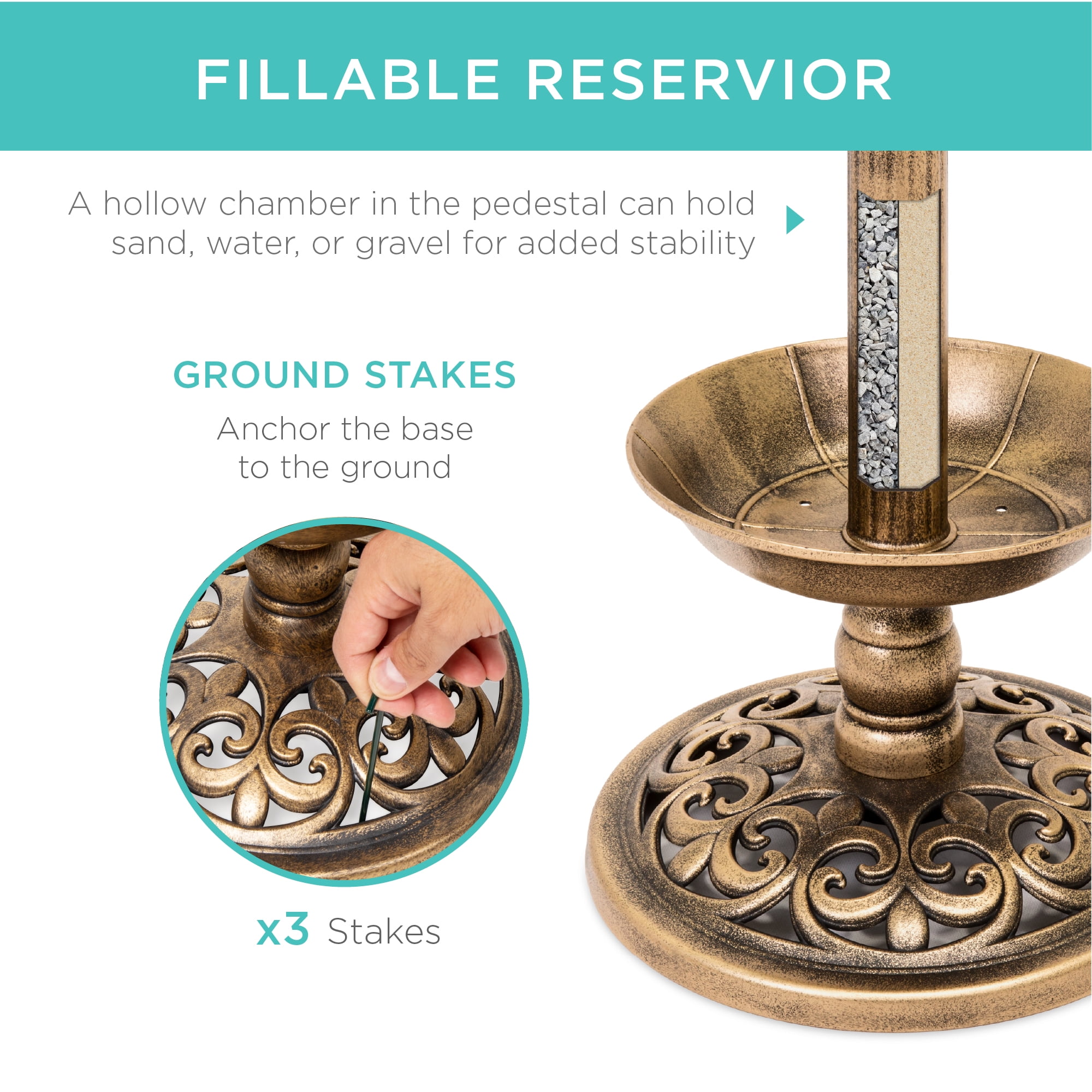 Solar Lighted Bird Bath with Planter - Bronze