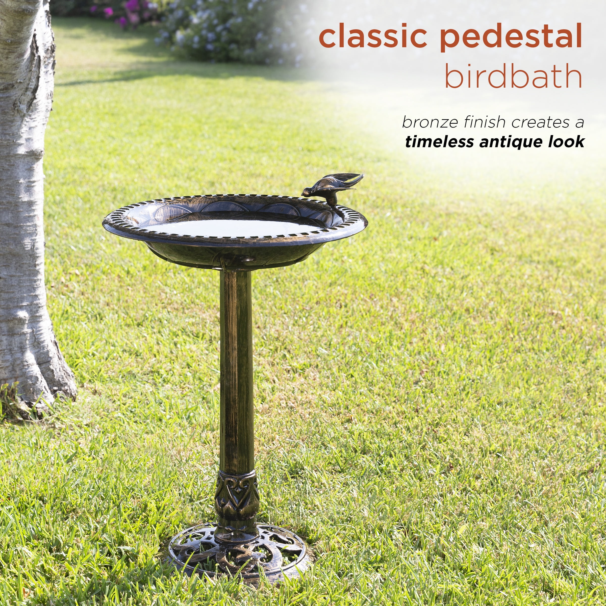 Antique Pedestal Birdbath with Bird Statue, 27" Tall