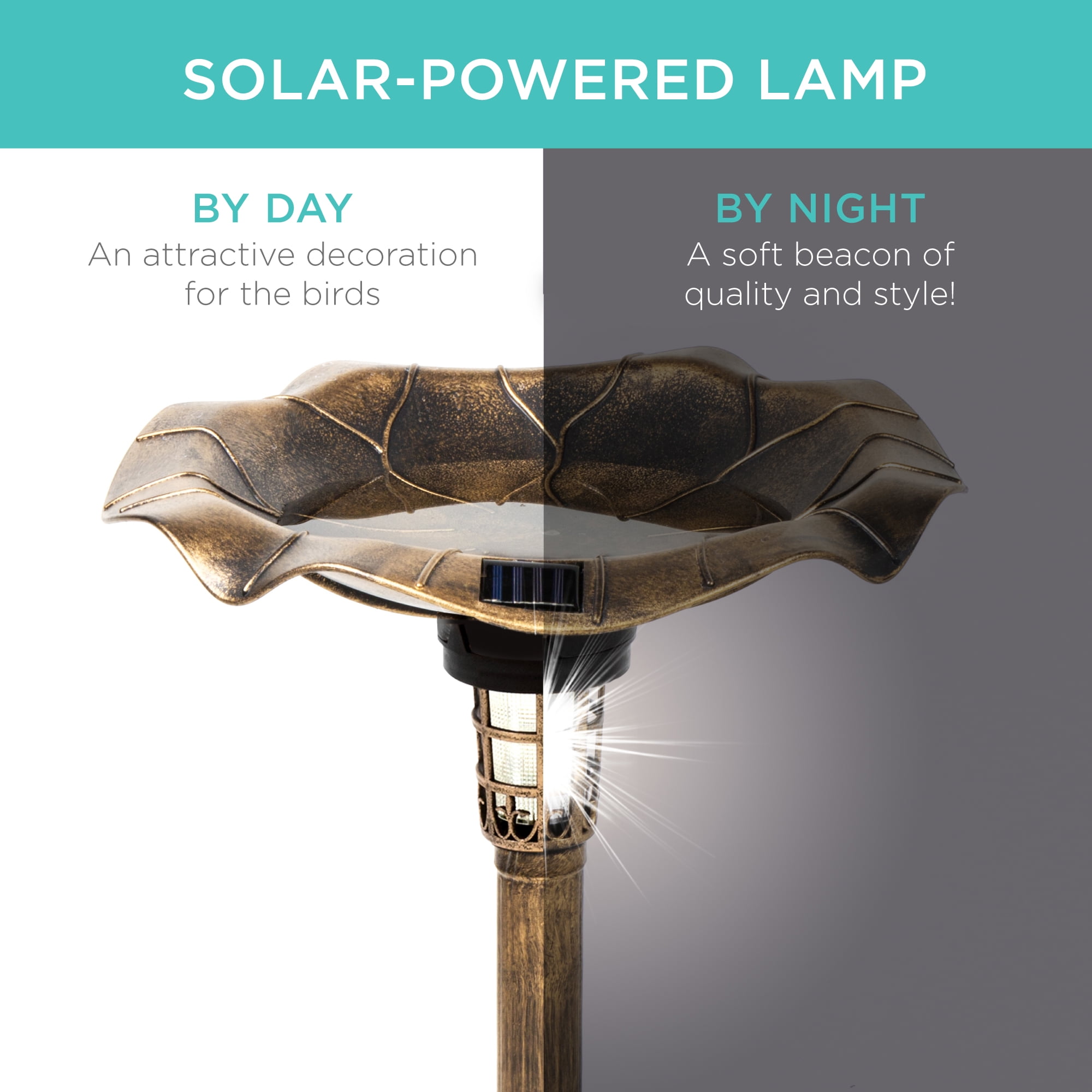 Solar Lighted Bird Bath with Planter - Bronze
