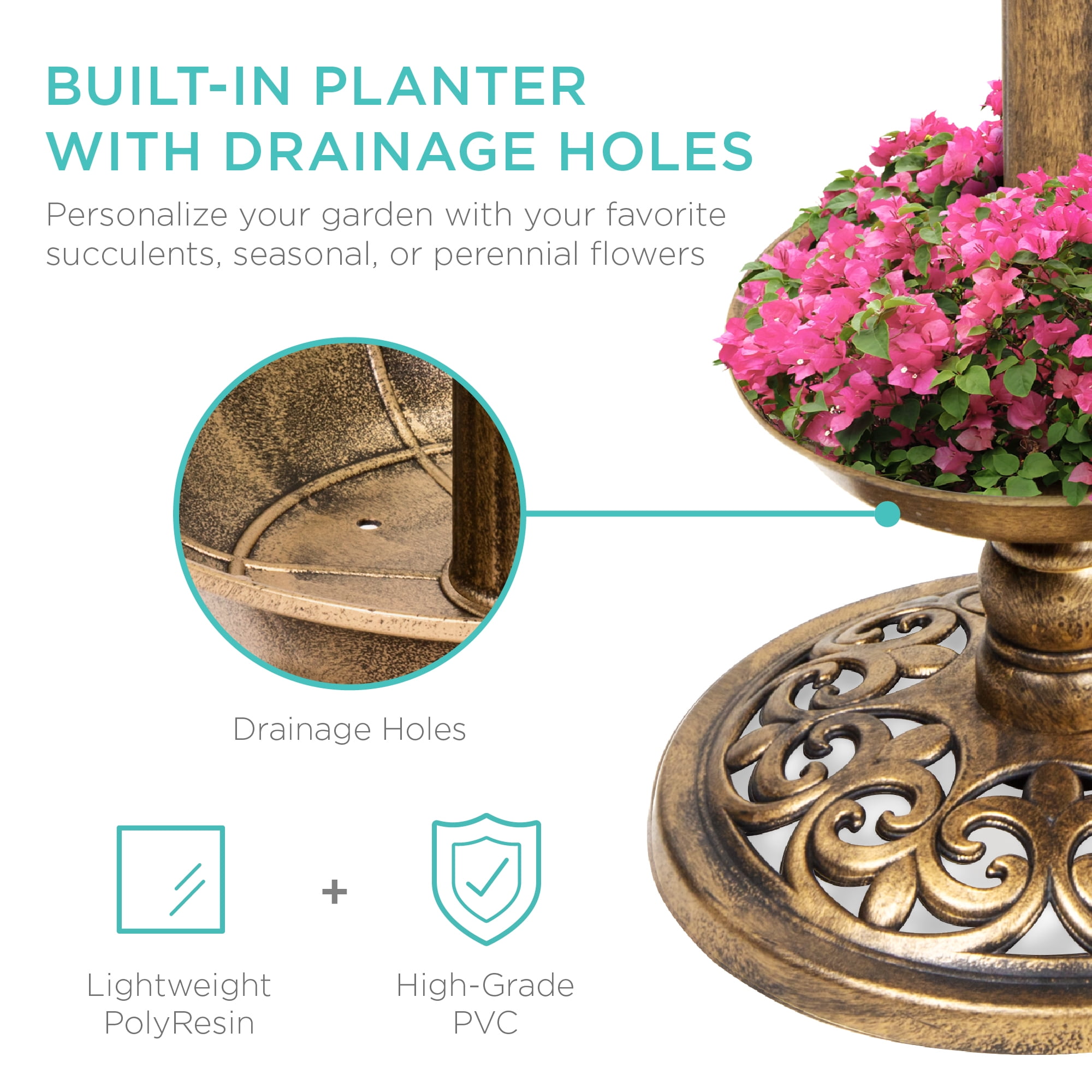 Solar Lighted Bird Bath with Planter - Bronze