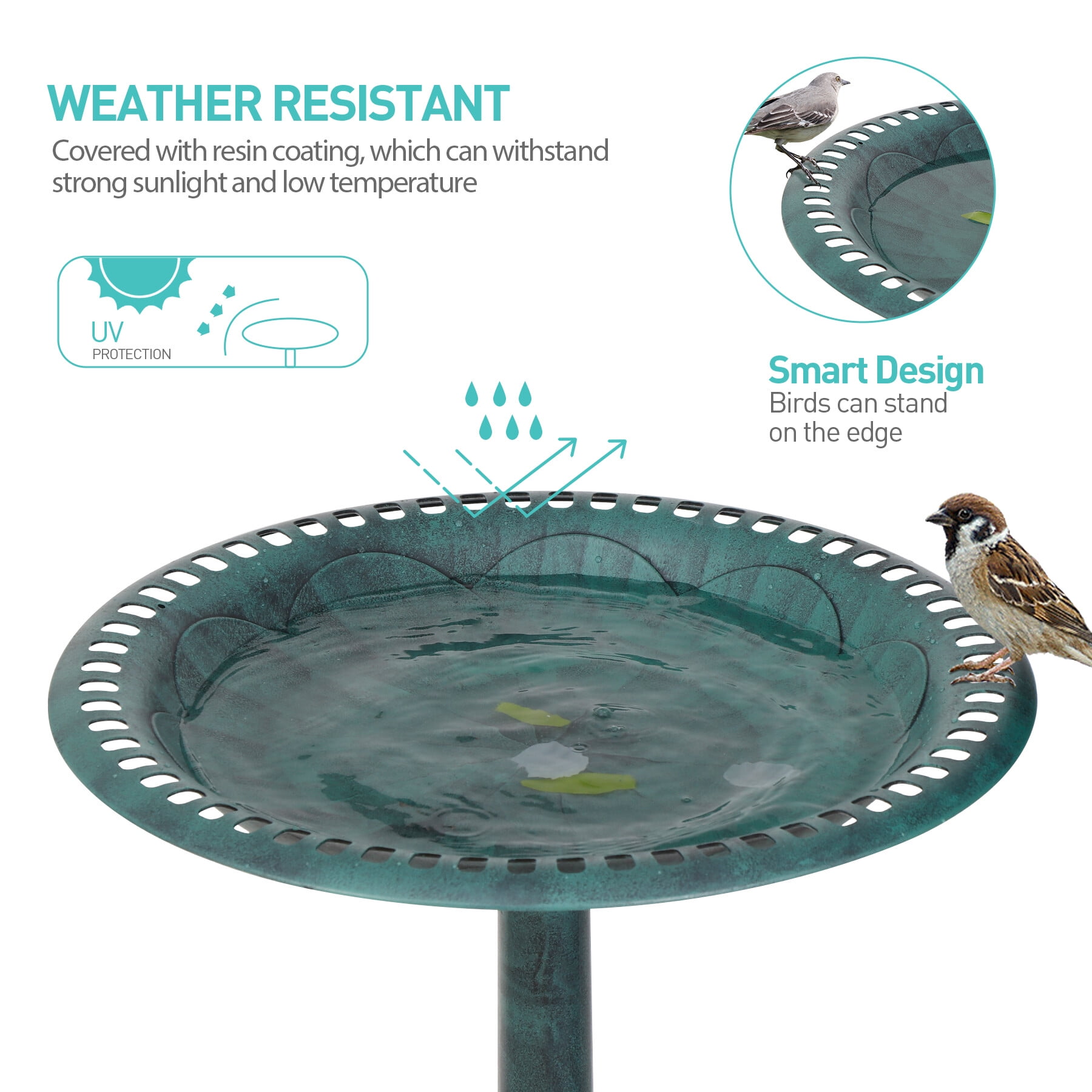 ZENY 28" Vintage Green Freestanding Bird Bath