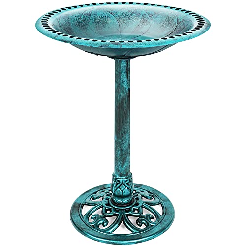 28in Vintage Resin Bird Bath with Fleur-de-Lis