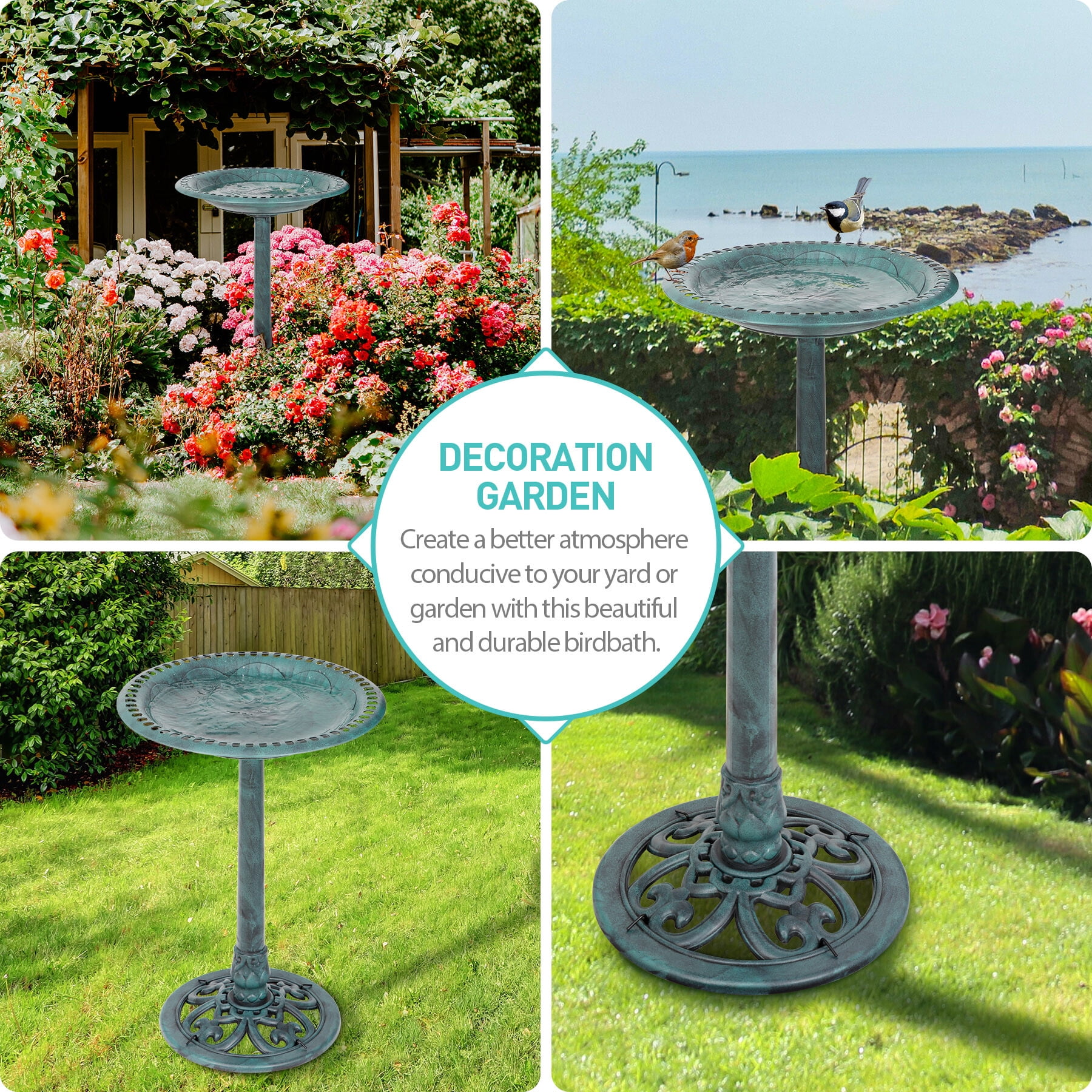 ZENY 28" Vintage Green Freestanding Bird Bath
