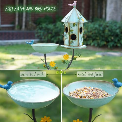 56" Metal Bird Bath with Houses and Pole
