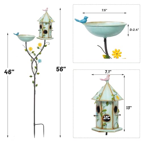 56" Metal Bird Bath with Houses and Pole