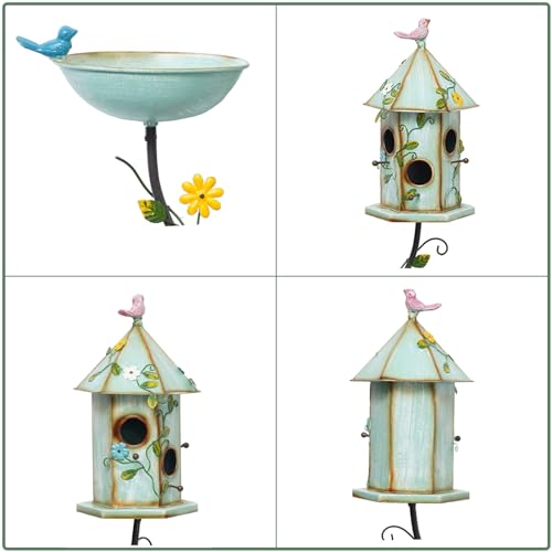 56" Metal Bird Bath with Houses and Pole