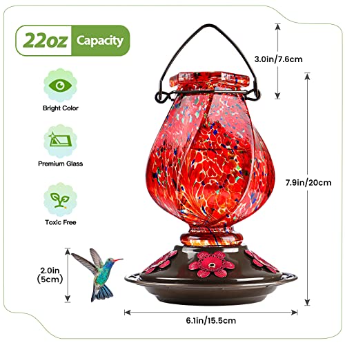 BOLITE Hand Blown Glass Hummingbird Feeder, 22oz
