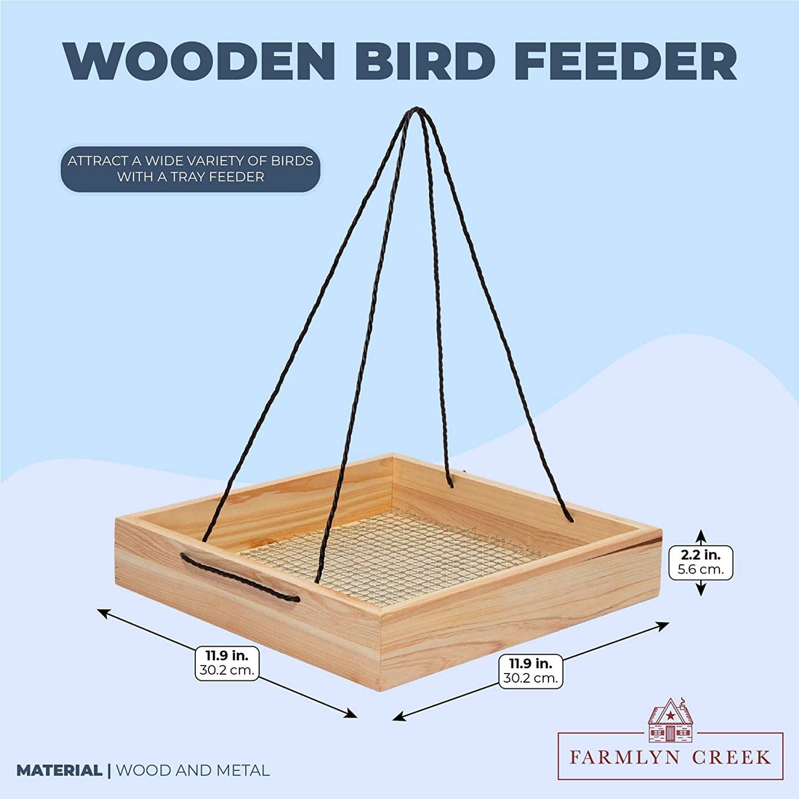 Hanging Wooden Bird Feeder with Metal Mesh Tray