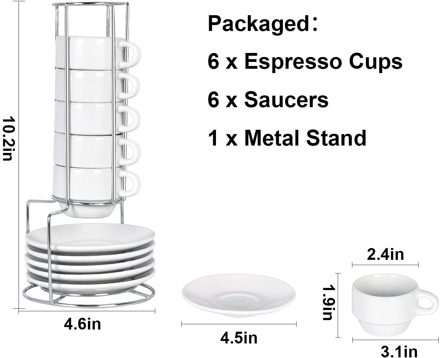 6 Modwnfy Espresso Cups & Saucers, 2.5oz White