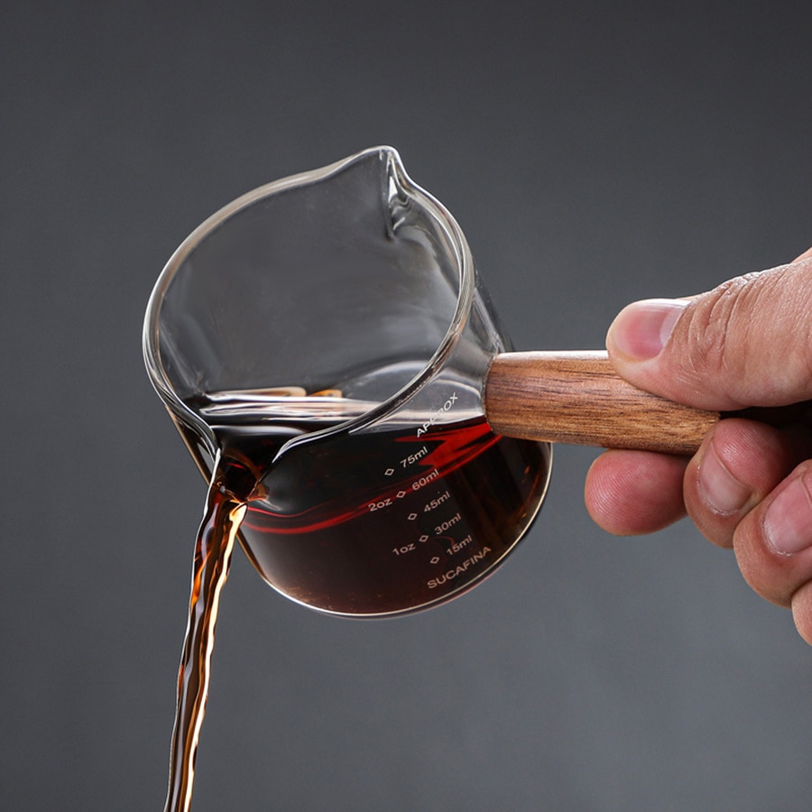 Wooden Handle Glass Espresso Measuring Cup Set