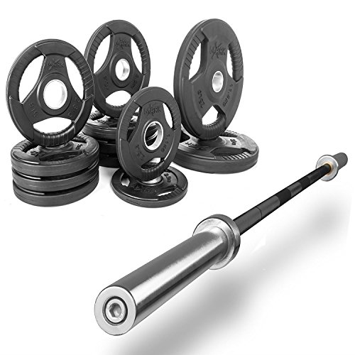 XMark Fitness Combo Offer 7 ft. Olympic Excercise Bar XM-3817-BLACK with Premium Quality Rubber Coated Tri-Grip Olympic Weights Set XM-3377-BAL-115