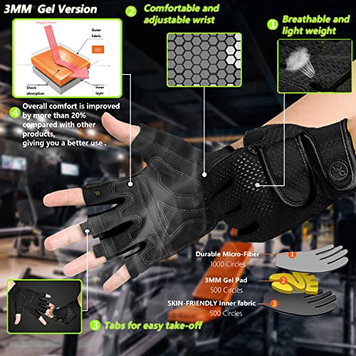 MOREOK Workout Gloves Gym Gloves for Men/Women, [3MM Gel Pad] [3/4 Finger] Weight Lifting Gloves Fitness Gloves for Powerlifting,Exercise,Fitness,Training Black-L