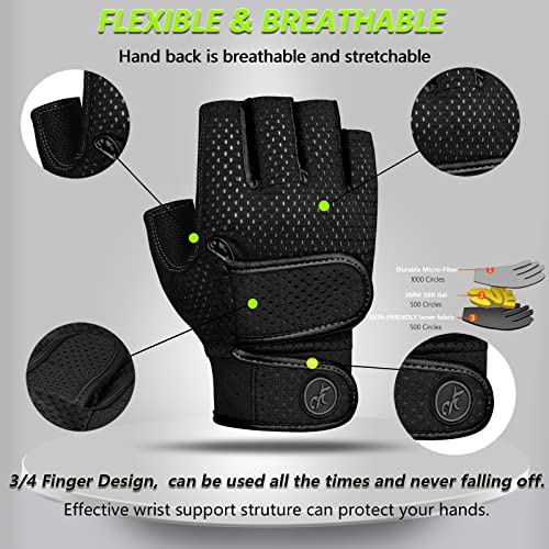 MOREOK Workout Gloves Gym Gloves for Men/Women, [3MM Gel Pad] [3/4 Finger] Weight Lifting Gloves Fitness Gloves for Powerlifting,Exercise,Fitness,Training Black-L