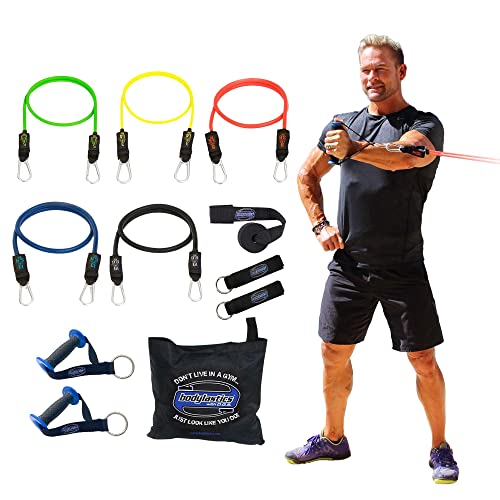 Bodylastics Stackable (12 Pcs) MAX Tension Resistance Bands Sets. This Leading Exercise Band System Includes 5 of Our Anti-Snap Exercise Tubes, Heavy Duty Components, and a Travel Bag.