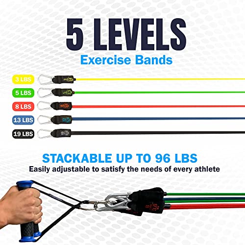 Bodylastics Stackable (12 Pcs) MAX Tension Resistance Bands Sets. This Leading Exercise Band System Includes 5 of Our Anti-Snap Exercise Tubes, Heavy Duty Components, and a Travel Bag.