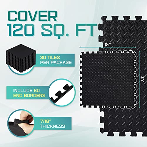 Yes4All Interlocking Exercise EVA Mat Floor Protector (120 Square Feet - Black - with Border) - ²XPAJZ