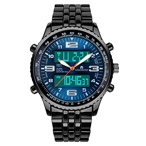 VIGOROSO Men's LED Analog Digital Date Week Sports Outdoor Steel Blue Dial Watch