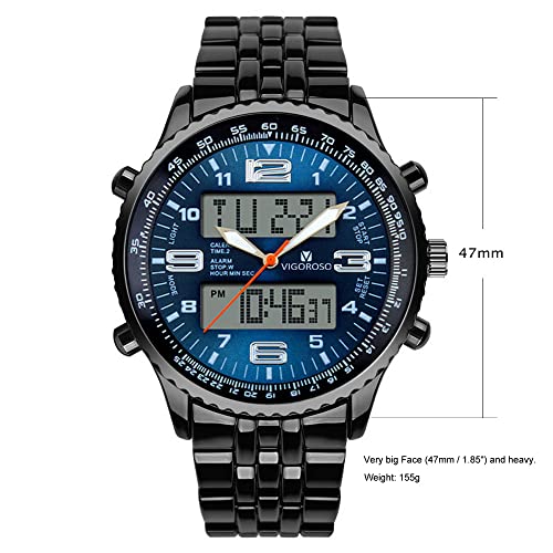 VIGOROSO Men's LED Analog Digital Date Week Sports Outdoor Steel Blue Dial Watch