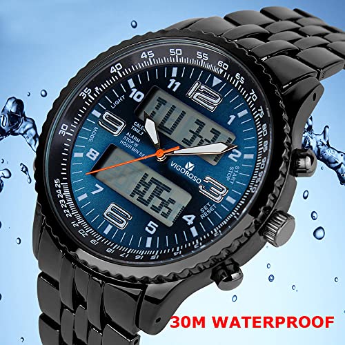VIGOROSO Men's LED Analog Digital Date Week Sports Outdoor Steel Blue Dial Watch