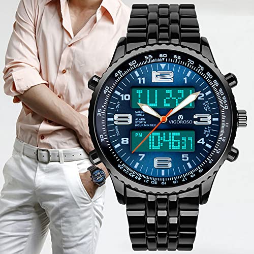 VIGOROSO Men's LED Analog Digital Date Week Sports Outdoor Steel Blue Dial Watch