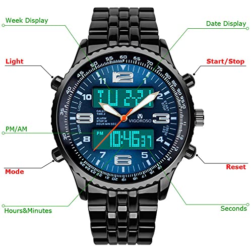VIGOROSO Men's LED Analog Digital Date Week Sports Outdoor Steel Blue Dial Watch
