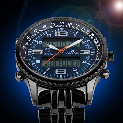 VIGOROSO Men's LED Analog Digital Date Week Sports Outdoor Steel Blue Dial Watch