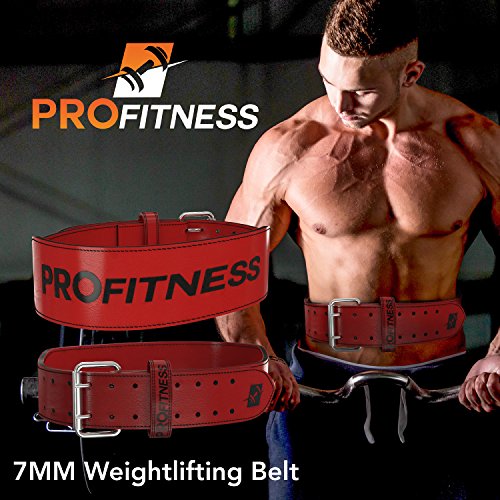 ProFitness Genuine Leather Weight Lifting Belt | Proper Weightlifting Form for Squats, Deadlfits, Powerlifting & Training (Red/Black, X-Large)