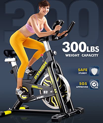 PYHIGH Indoor Cycling Bike Belt Drive Stationary Bicycle Exercise Bikes with LCD Monitor for Home Cardio Workout Bike Training- Black