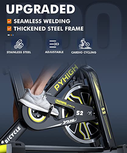 PYHIGH Indoor Cycling Bike Belt Drive Stationary Bicycle Exercise Bikes with LCD Monitor for Home Cardio Workout Bike Training- Black