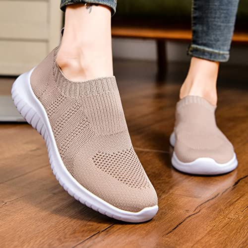 konhill Women's Walking Tennis Shoes - Lightweight Athletic Casual Gym Slip on Sneakers 12 US Apricot