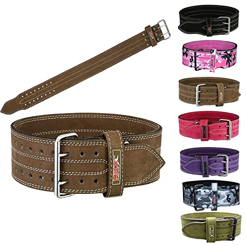 MRX Powerlifting Leather Belt 4" Wide 10mm Thickness Training Fitness Back Support Bodybuilding Belts with Steel 2 Prong Buckle Brown (Medium)