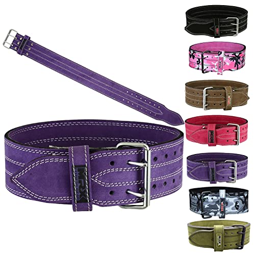 MRX Powerlifting Leather Belt 4" Wide 10mm Thickness Training Fitness Back Support Bodybuilding Belts with Steel 2 Prong Buckle Purple (Large)