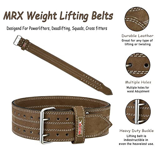 MRX Powerlifting Leather Belt 4" Wide 10mm Thickness Training Fitness Back Support Bodybuilding Belts with Steel 2 Prong Buckle Brown (X-Large)