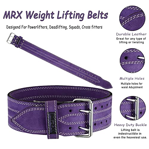 MRX Powerlifting Leather Belt 4" Wide 10mm Thickness Training Fitness Back Support Bodybuilding Belts with Steel 2 Prong Buckle Purple (X-Large)