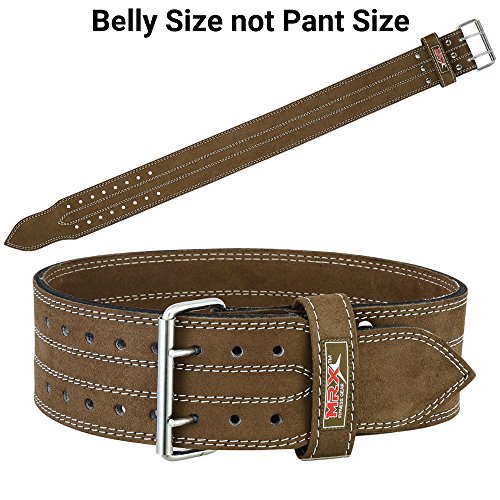 MRX Powerlifting Leather Belt 4" Wide 10mm Thickness Training Fitness Back Support Bodybuilding Belts with Steel 2 Prong Buckle Brown (Large)