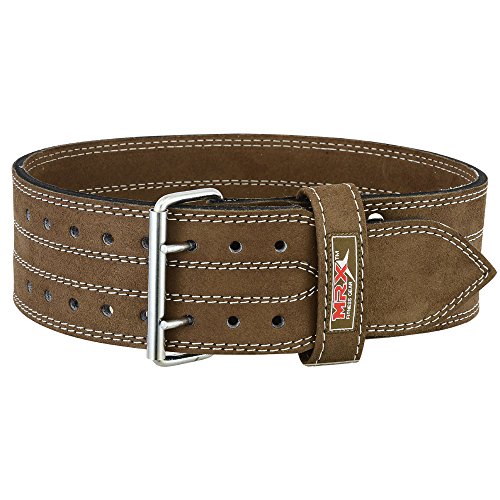MRX Powerlifting Leather Belt 4" Wide 10mm Thickness Training Fitness Back Support Bodybuilding Belts with Steel 2 Prong Buckle Brown (Large)