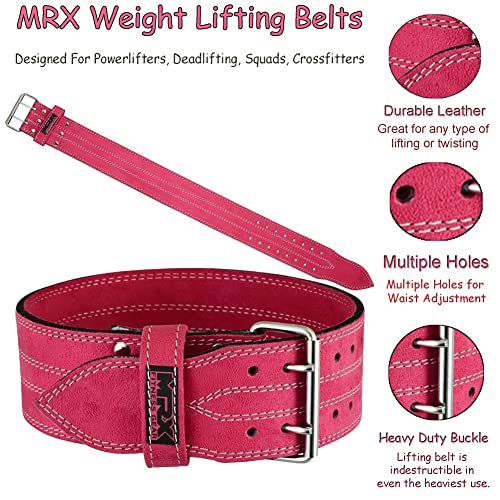 MRX Powerlifting Leather Belt 4" Wide 10mm Thickness Training Fitness Back Support Bodybuilding Belts with Steel 2 Prong Buckle Pink (X-Large)