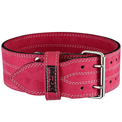 MRX Powerlifting Leather Belt 4" Wide 10mm Thickness Training Fitness Back Support Bodybuilding Belts with Steel 2 Prong Buckle Pink (X-Large)