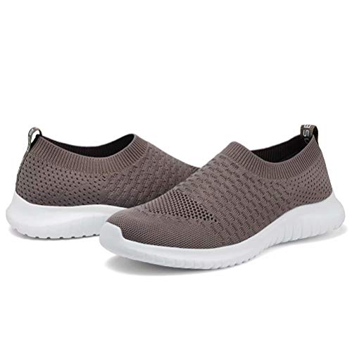 konhill Women's Walking Tennis Shoes - Lightweight Athletic Casual Gym Slip on Sneakers 12 US Brown