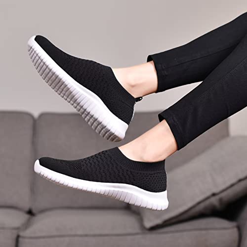 konhill Women's Walking Tennis Shoes - Lightweight Athletic Casual Gym Slip on Sneakers 11 US Black