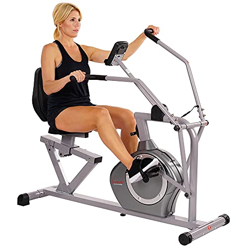 Sunny Health & Fitness Magnetic Recumbent Bike Exercise Bike, 350lb High Weight Capacity, Cross Training, Arm Exercisers, Monitor, Pulse Rate Monitoring - SF-RB4708