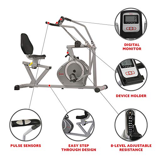 Sunny Health & Fitness Magnetic Recumbent Bike Exercise Bike, 350lb High Weight Capacity, Cross Training, Arm Exercisers, Monitor, Pulse Rate Monitoring - SF-RB4708