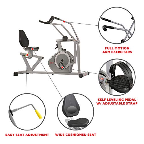 Sunny Health & Fitness Magnetic Recumbent Bike Exercise Bike, 350lb High Weight Capacity, Cross Training, Arm Exercisers, Monitor, Pulse Rate Monitoring - SF-RB4708