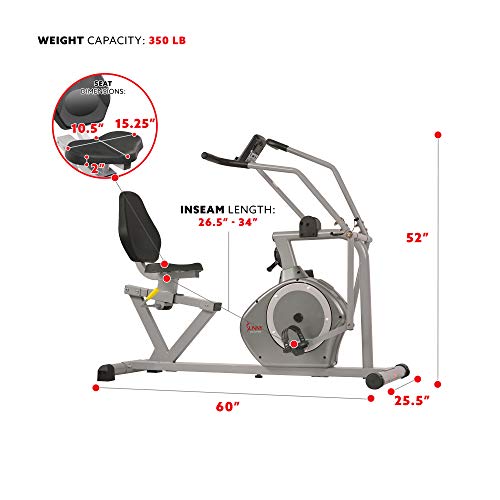 Sunny Health & Fitness Magnetic Recumbent Bike Exercise Bike, 350lb High Weight Capacity, Cross Training, Arm Exercisers, Monitor, Pulse Rate Monitoring - SF-RB4708