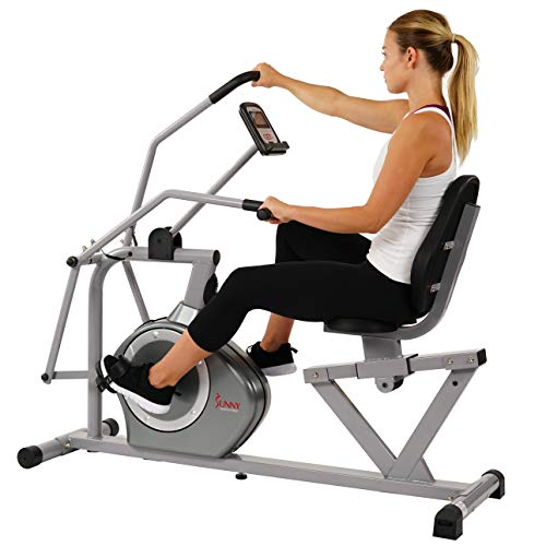 Sunny Health & Fitness Magnetic Recumbent Bike Exercise Bike, 350lb High Weight Capacity, Cross Training, Arm Exercisers, Monitor, Pulse Rate Monitoring - SF-RB4708
