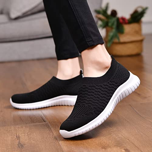konhill Women's Walking Tennis Shoes - Lightweight Athletic Casual Gym Slip on Sneakers 10 US Black