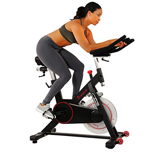 Sunny Health & Fitness Magnetic Belt Drive Indoor Cycling Bike with 300 lb User Weight Limit, 44 lb Flywheel, Cage Pedals and Tablet Holder - SF-B1805