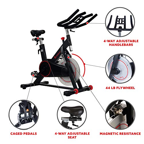 Sunny Health & Fitness Magnetic Belt Drive Indoor Cycling Bike with 300 lb User Weight Limit, 44 lb Flywheel, Cage Pedals and Tablet Holder - SF-B1805